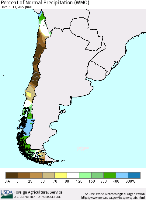 Chile Percent of Normal Precipitation (WMO) Thematic Map For 12/5/2022 - 12/11/2022