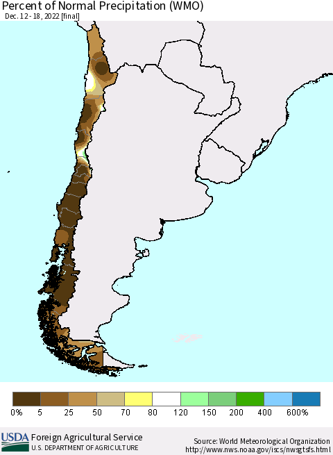 Chile Percent of Normal Precipitation (WMO) Thematic Map For 12/12/2022 - 12/18/2022