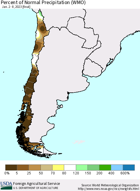 Chile Percent of Normal Precipitation (WMO) Thematic Map For 1/2/2023 - 1/8/2023