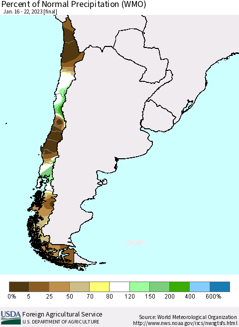 Chile Percent of Normal Precipitation (WMO) Thematic Map For 1/16/2023 - 1/22/2023