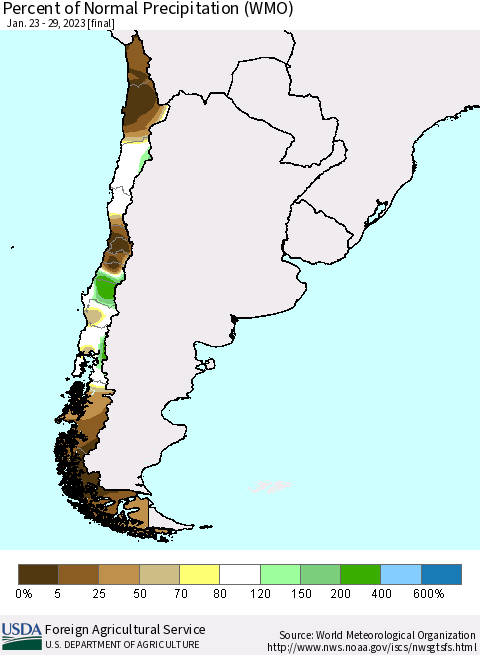 Chile Percent of Normal Precipitation (WMO) Thematic Map For 1/23/2023 - 1/29/2023