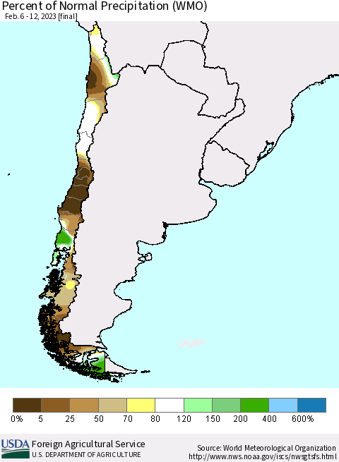 Chile Percent of Normal Precipitation (WMO) Thematic Map For 2/6/2023 - 2/12/2023