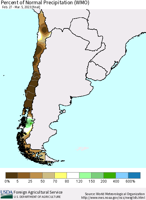 Chile Percent of Normal Precipitation (WMO) Thematic Map For 2/27/2023 - 3/5/2023