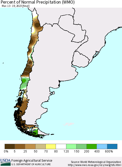 Chile Percent of Normal Precipitation (WMO) Thematic Map For 3/13/2023 - 3/19/2023