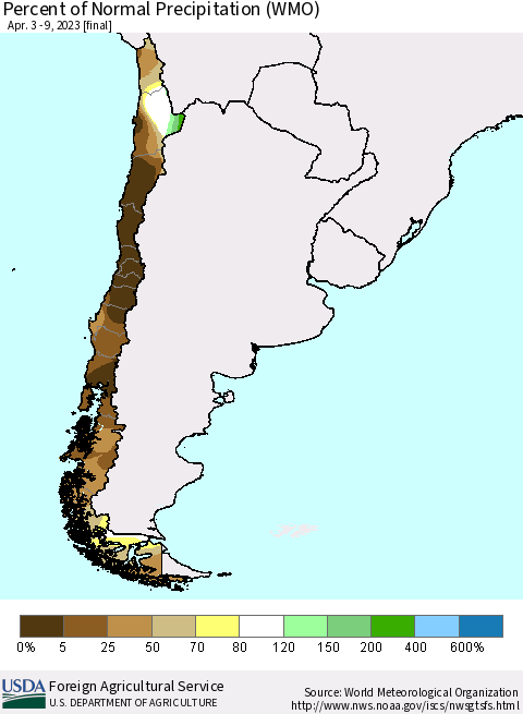 Chile Percent of Normal Precipitation (WMO) Thematic Map For 4/3/2023 - 4/9/2023