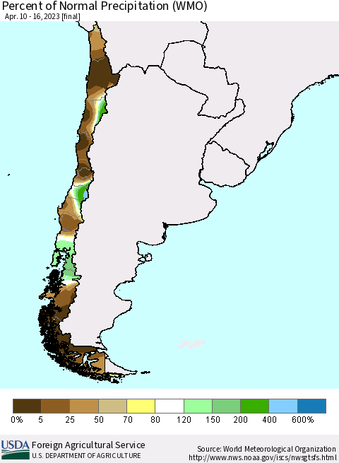 Chile Percent of Normal Precipitation (WMO) Thematic Map For 4/10/2023 - 4/16/2023