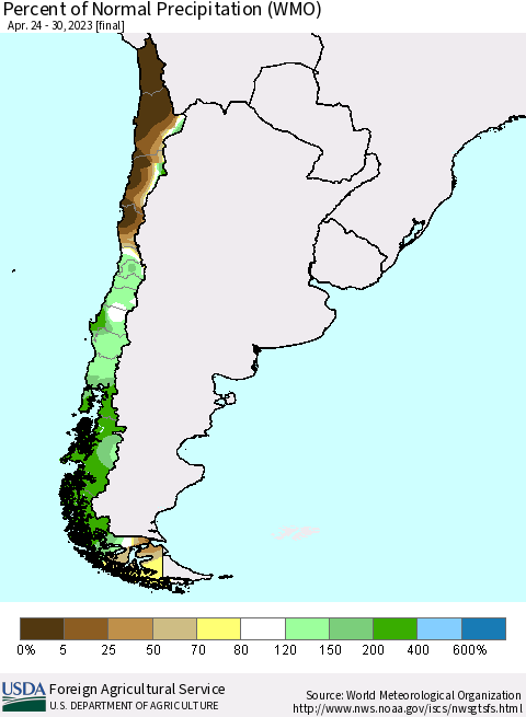 Chile Percent of Normal Precipitation (WMO) Thematic Map For 4/24/2023 - 4/30/2023