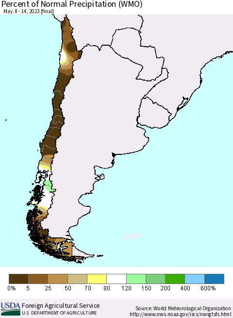 Chile Percent of Normal Precipitation (WMO) Thematic Map For 5/8/2023 - 5/14/2023