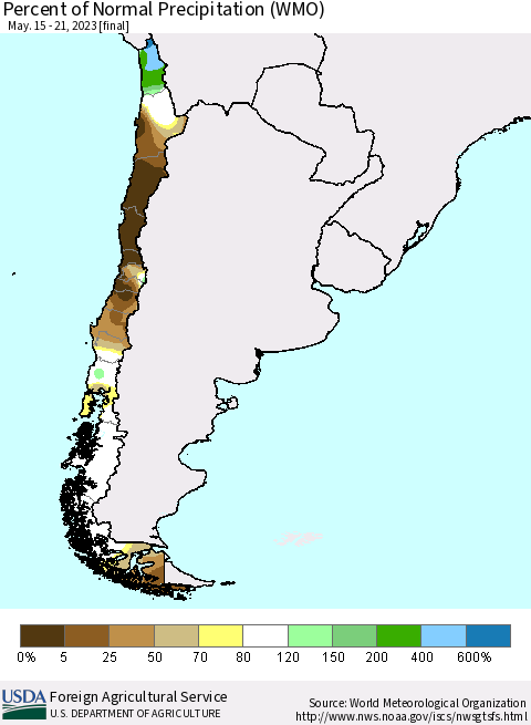 Chile Percent of Normal Precipitation (WMO) Thematic Map For 5/15/2023 - 5/21/2023