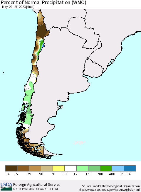 Chile Percent of Normal Precipitation (WMO) Thematic Map For 5/22/2023 - 5/28/2023