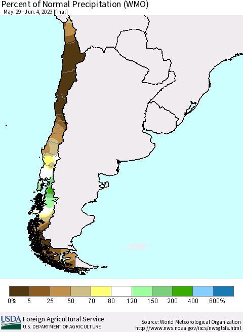 Chile Percent of Normal Precipitation (WMO) Thematic Map For 5/29/2023 - 6/4/2023