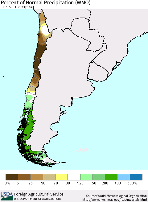 Chile Percent of Normal Precipitation (WMO) Thematic Map For 6/5/2023 - 6/11/2023