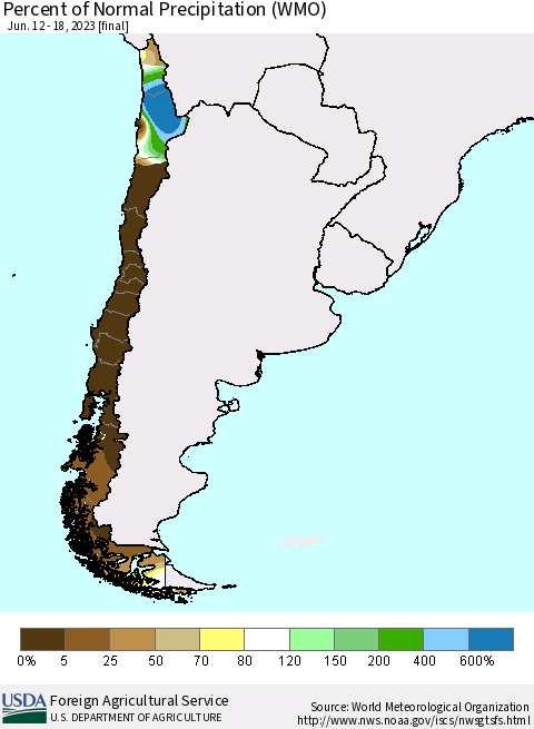 Chile Percent of Normal Precipitation (WMO) Thematic Map For 6/12/2023 - 6/18/2023