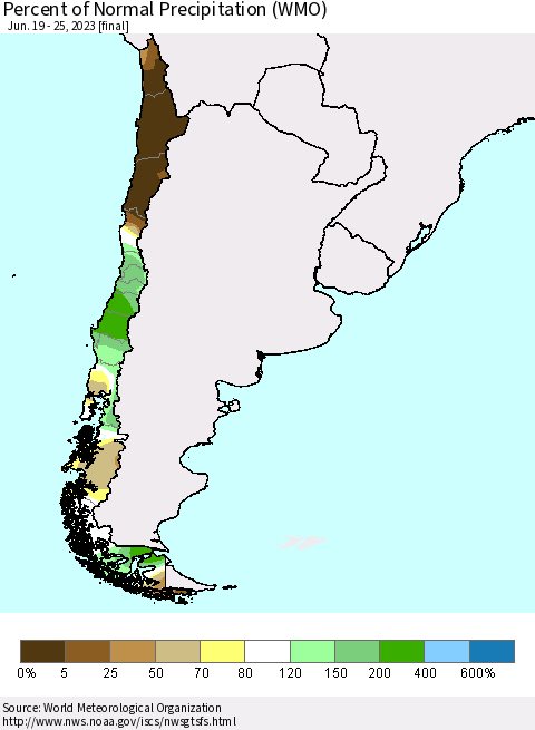 Chile Percent of Normal Precipitation (WMO) Thematic Map For 6/19/2023 - 6/25/2023