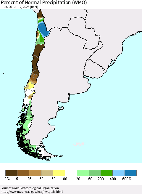Chile Percent of Normal Precipitation (WMO) Thematic Map For 6/26/2023 - 7/2/2023