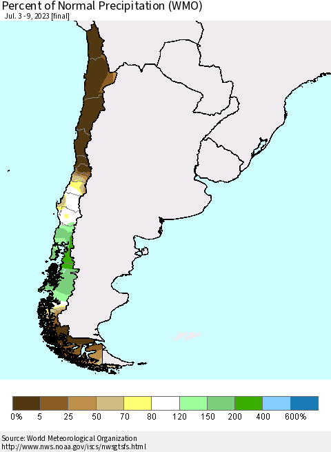 Chile Percent of Normal Precipitation (WMO) Thematic Map For 7/3/2023 - 7/9/2023