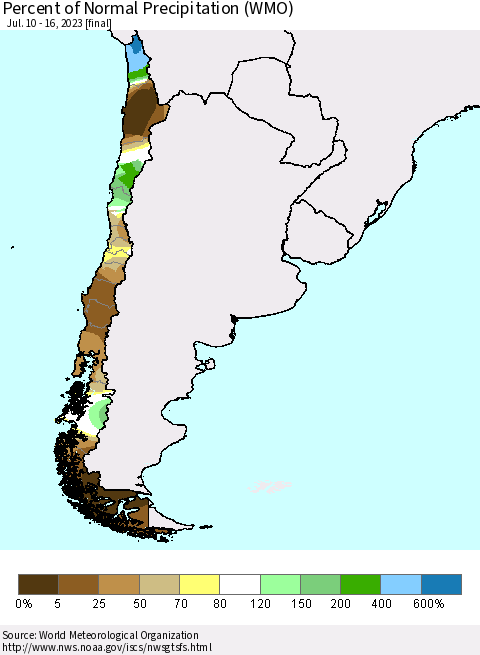 Chile Percent of Normal Precipitation (WMO) Thematic Map For 7/10/2023 - 7/16/2023