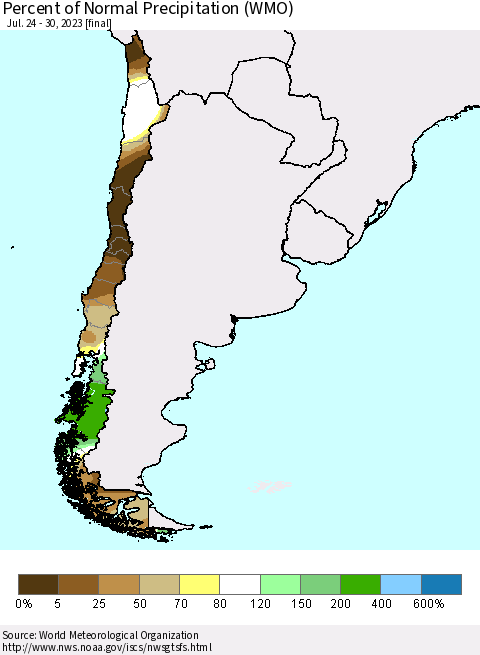 Chile Percent of Normal Precipitation (WMO) Thematic Map For 7/24/2023 - 7/30/2023