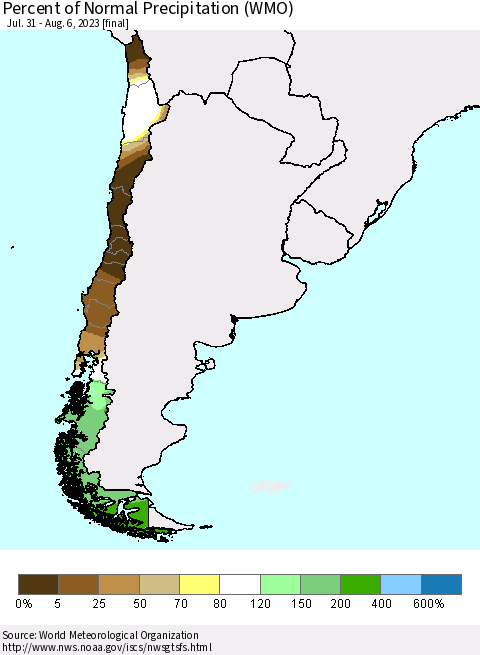 Chile Percent of Normal Precipitation (WMO) Thematic Map For 7/31/2023 - 8/6/2023