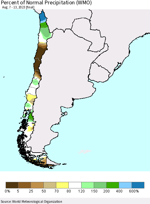 Chile Percent of Normal Precipitation (WMO) Thematic Map For 8/7/2023 - 8/13/2023