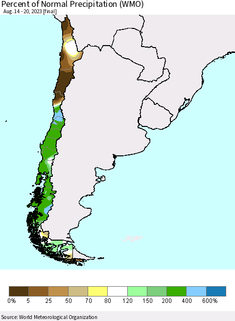 Chile Percent of Normal Precipitation (WMO) Thematic Map For 8/14/2023 - 8/20/2023