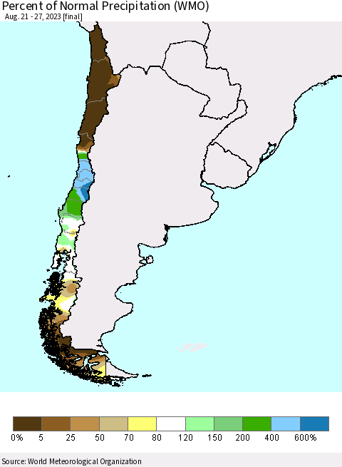 Chile Percent of Normal Precipitation (WMO) Thematic Map For 8/21/2023 - 8/27/2023