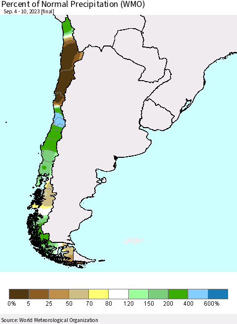 Chile Percent of Normal Precipitation (WMO) Thematic Map For 9/4/2023 - 9/10/2023