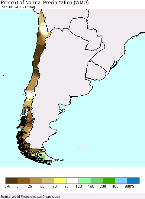Chile Percent of Normal Precipitation (WMO) Thematic Map For 9/18/2023 - 9/24/2023