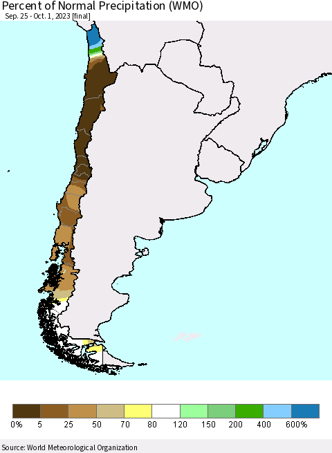 Chile Percent of Normal Precipitation (WMO) Thematic Map For 9/25/2023 - 10/1/2023