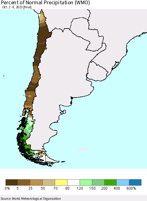 Chile Percent of Normal Precipitation (WMO) Thematic Map For 10/2/2023 - 10/8/2023