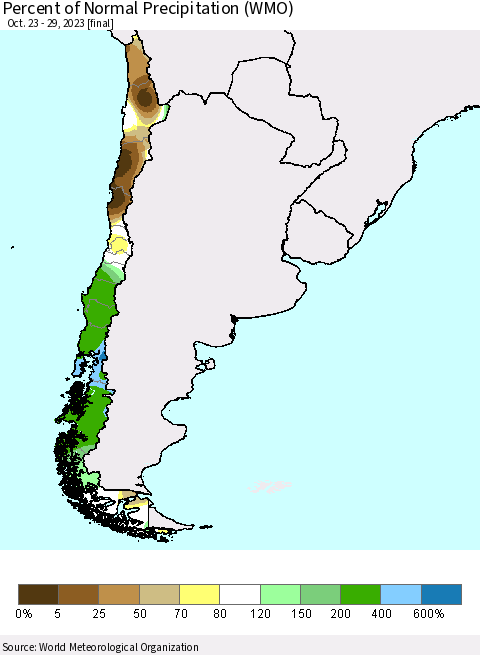Chile Percent of Normal Precipitation (WMO) Thematic Map For 10/23/2023 - 10/29/2023