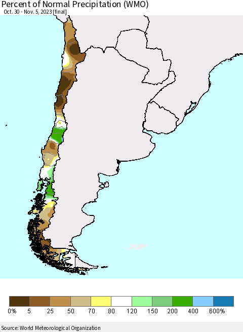 Chile Percent of Normal Precipitation (WMO) Thematic Map For 10/30/2023 - 11/5/2023