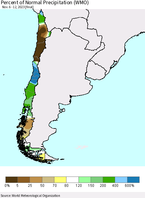 Chile Percent of Normal Precipitation (WMO) Thematic Map For 11/6/2023 - 11/12/2023