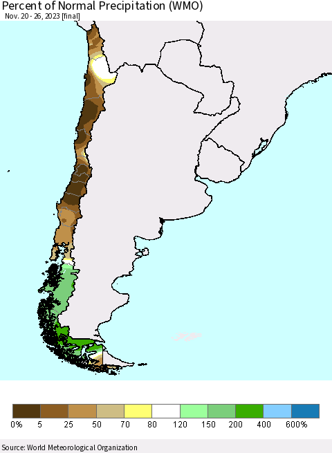 Chile Percent of Normal Precipitation (WMO) Thematic Map For 11/20/2023 - 11/26/2023