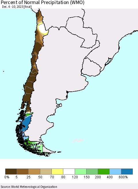 Chile Percent of Normal Precipitation (WMO) Thematic Map For 12/4/2023 - 12/10/2023