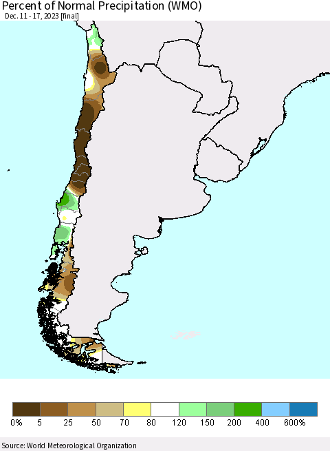 Chile Percent of Normal Precipitation (WMO) Thematic Map For 12/11/2023 - 12/17/2023