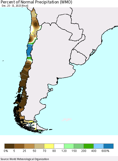 Chile Percent of Normal Precipitation (WMO) Thematic Map For 12/25/2023 - 12/31/2023