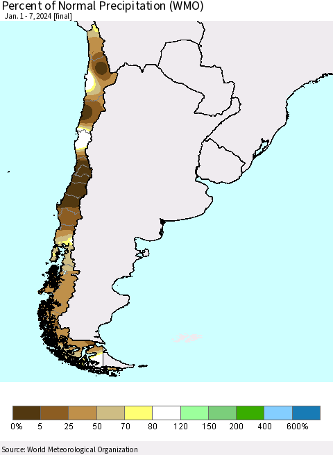 Chile Percent of Normal Precipitation (WMO) Thematic Map For 1/1/2024 - 1/7/2024