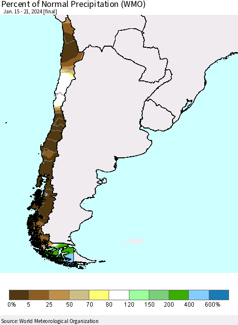 Chile Percent of Normal Precipitation (WMO) Thematic Map For 1/15/2024 - 1/21/2024
