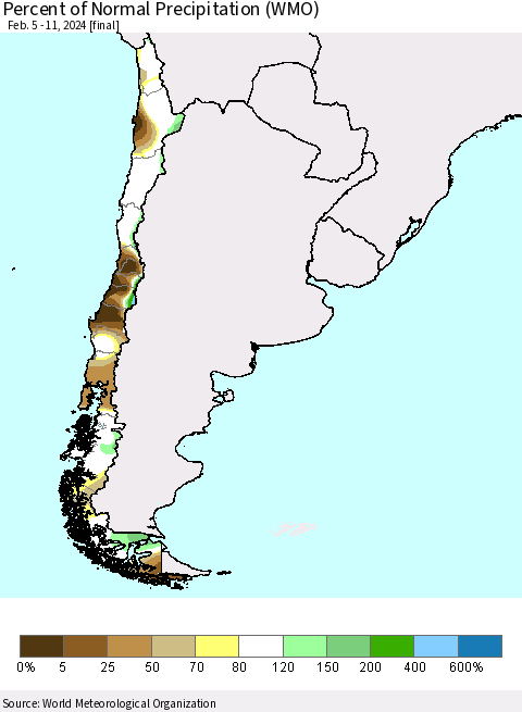 Chile Percent of Normal Precipitation (WMO) Thematic Map For 2/5/2024 - 2/11/2024