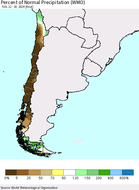 Chile Percent of Normal Precipitation (WMO) Thematic Map For 2/12/2024 - 2/18/2024