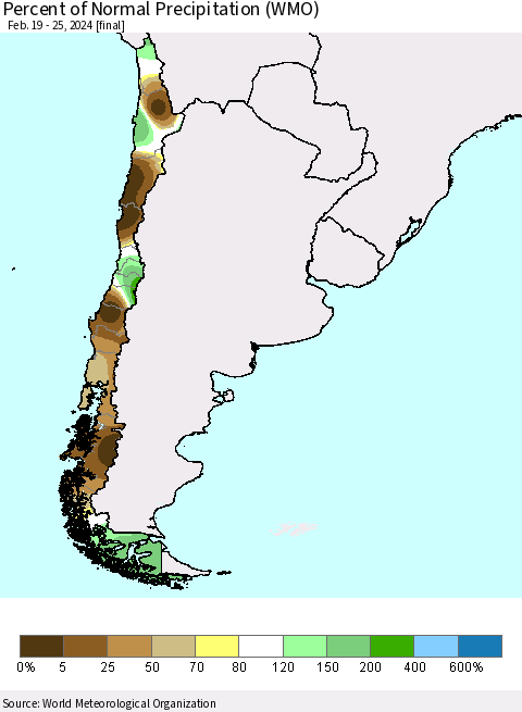Chile Percent of Normal Precipitation (WMO) Thematic Map For 2/19/2024 - 2/25/2024