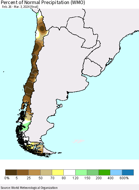 Chile Percent of Normal Precipitation (WMO) Thematic Map For 2/26/2024 - 3/3/2024