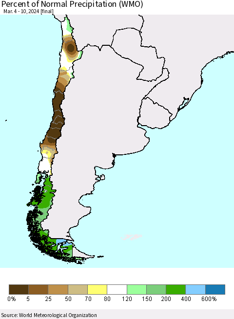 Chile Percent of Normal Precipitation (WMO) Thematic Map For 3/4/2024 - 3/10/2024