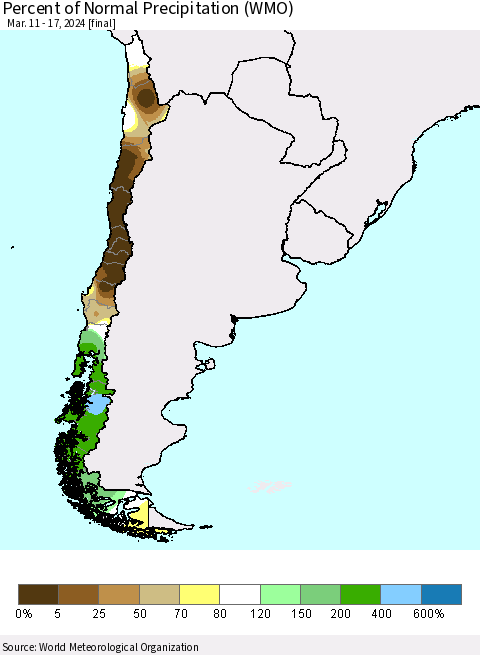Chile Percent of Normal Precipitation (WMO) Thematic Map For 3/11/2024 - 3/17/2024