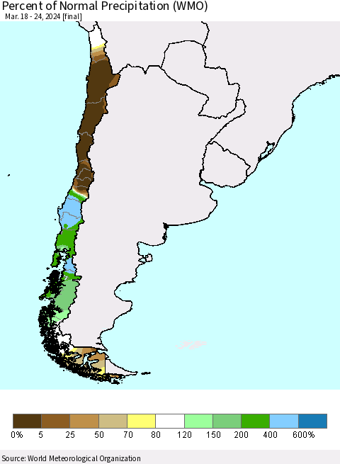Chile Percent of Normal Precipitation (WMO) Thematic Map For 3/18/2024 - 3/24/2024