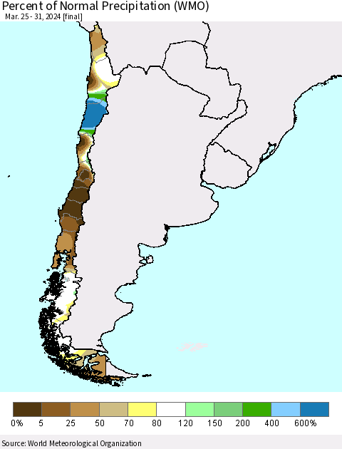 Chile Percent of Normal Precipitation (WMO) Thematic Map For 3/25/2024 - 3/31/2024