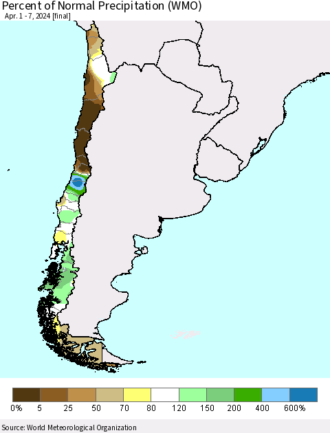 Chile Percent of Normal Precipitation (WMO) Thematic Map For 4/1/2024 - 4/7/2024