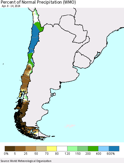 Chile Percent of Normal Precipitation (WMO) Thematic Map For 4/8/2024 - 4/14/2024