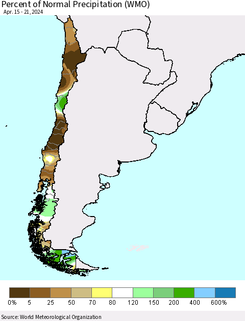 Chile Percent of Normal Precipitation (WMO) Thematic Map For 4/15/2024 - 4/21/2024